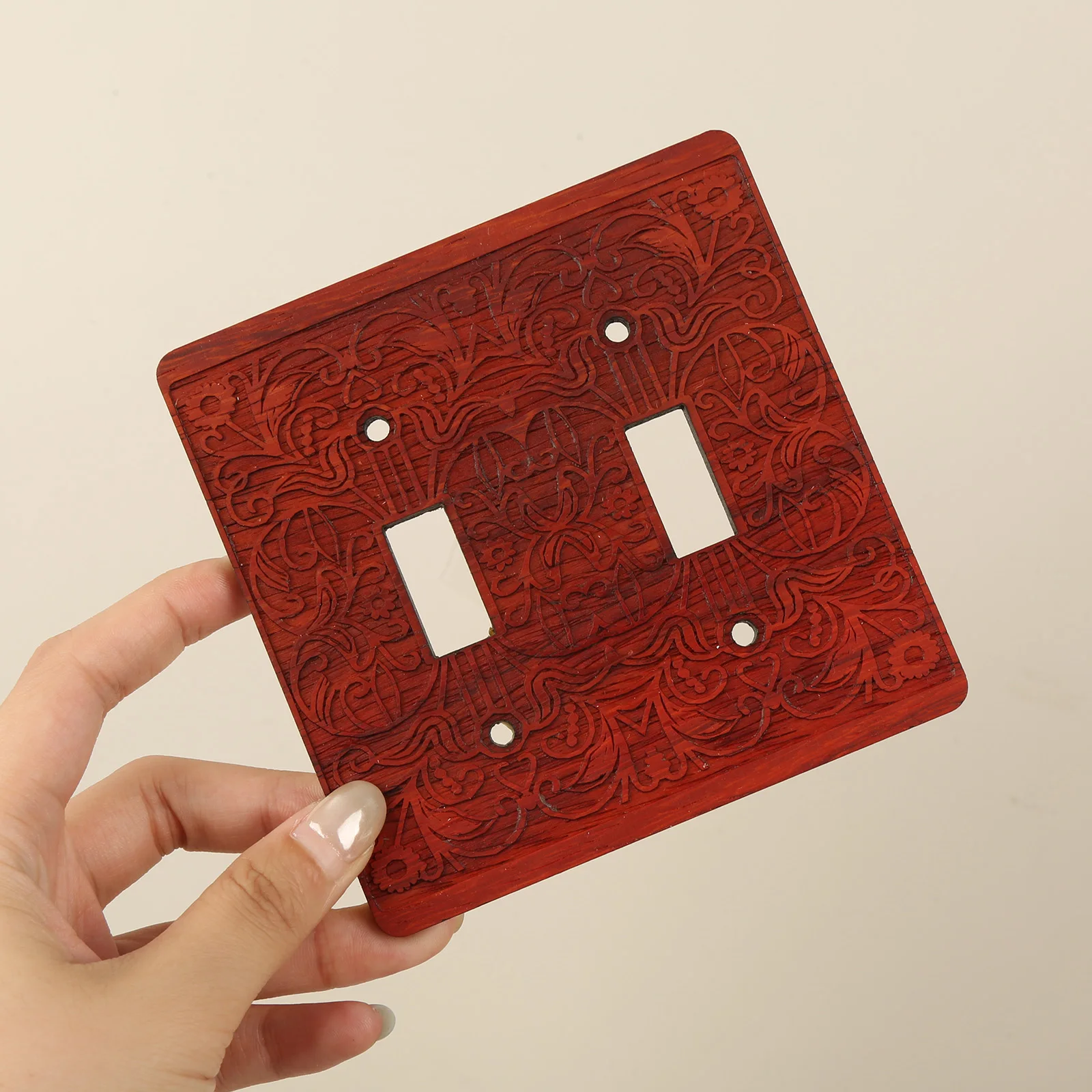 Cross-border Reddish Brown Wood Vintage Carved Double Toggle Switch Plate European Embossed Pattern Double Switch Wall Decor Cov