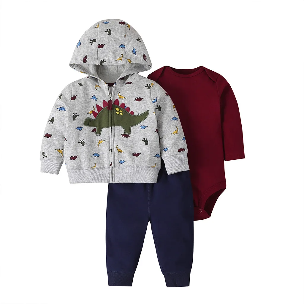 IYEAL Baby Boy Girl Outfit Set Cotton Long Sleeve Hooded Jacket +Rompers+Pant Newborn Infant Toddler Clothes  Kids Clothing Set