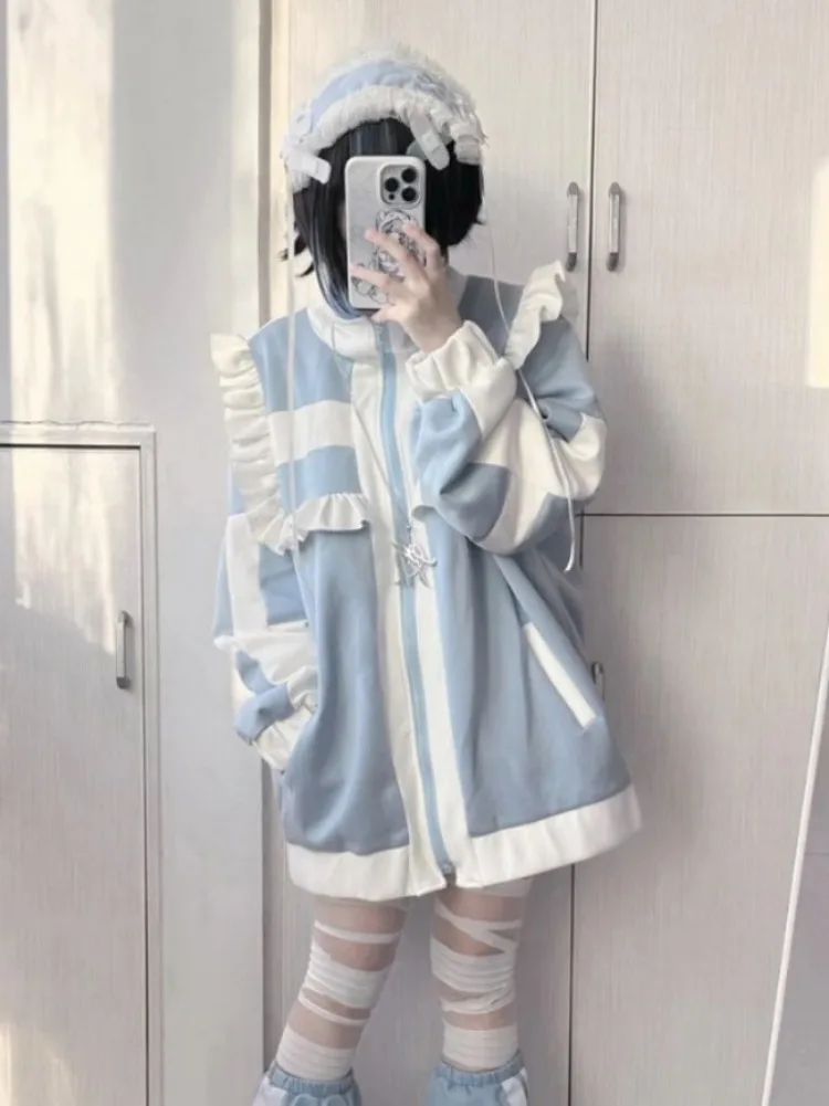 Japanese Sweet Y2k Kawaii Hoodies Loose All Match Cute Contrast Color Women Casual Coat Fashion Ruffled Fairy Zipper Sweatshirts