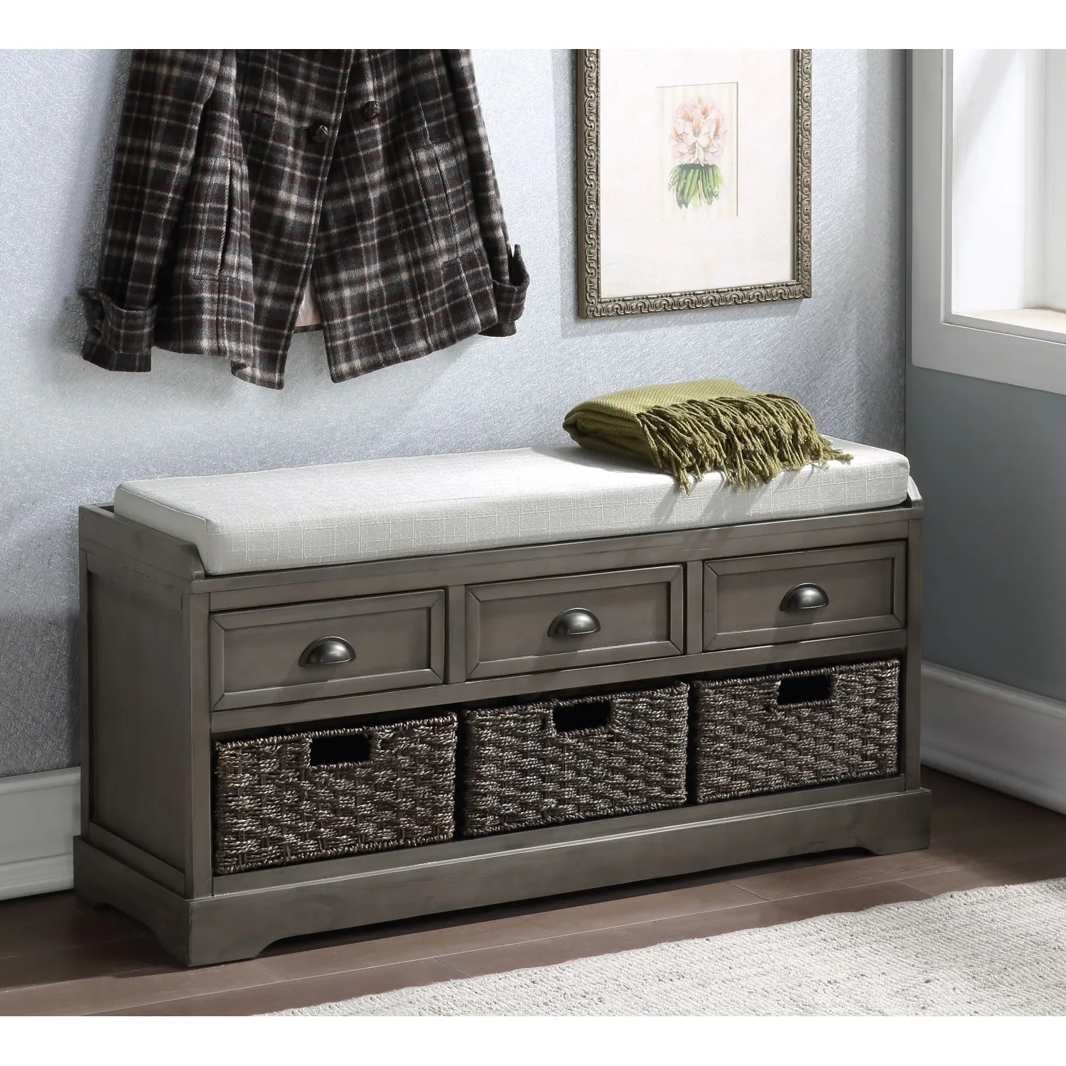 Wood Storage Bench 3 Drawers 3 Baskets - U_STYLE Homes Collection