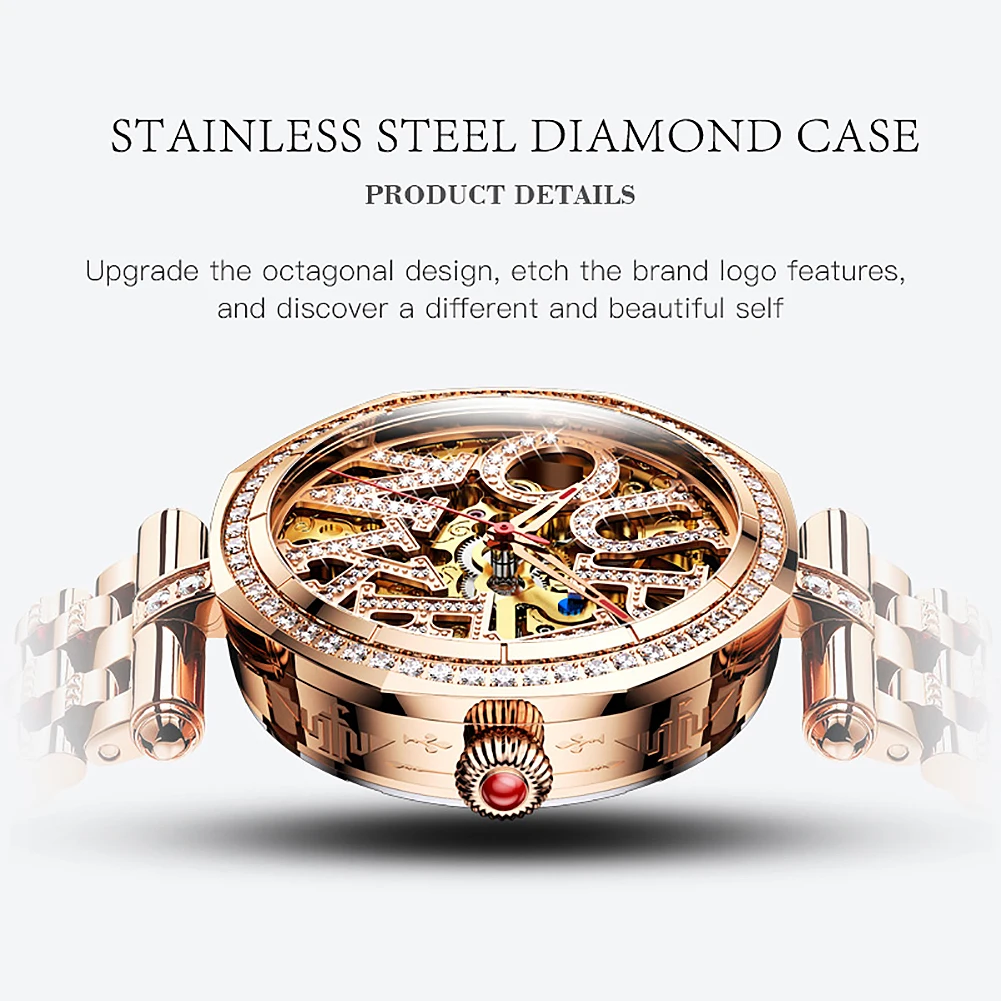 OUPINKE 3175 Luxury Waterproof Women Watch HD Elegant Diamond Watch Original Hollow out Fully Automatic Mechanical Women Watch