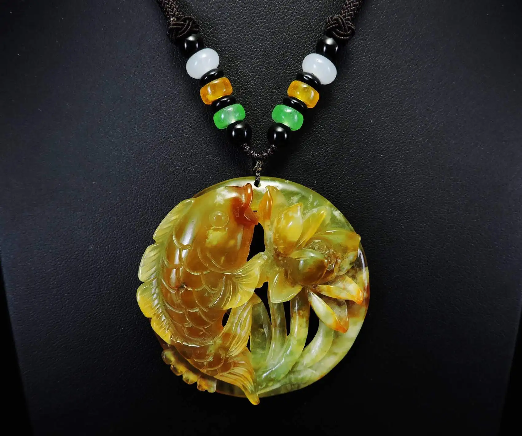 Jade Jewelry Natural Jade Pendant Necklace Hand-Carved fish&lotus flower Jadeite Necklace Pendant Gift No Treatment 634i