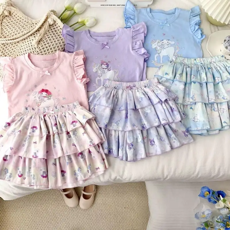 

2Pcs Sanriou T-Shirt Suit My Melody Child Sports Suit Kawaii Summer Clothing Vest Trouser Skirt Set Girl Cotton Cartoon Gift