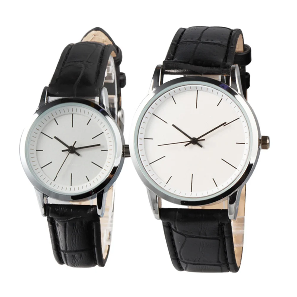 2Pcs Couple Watches Strap Fashion Quartz Wrist Watches Black Band White Dial Precise Movement Adjustable PU Band