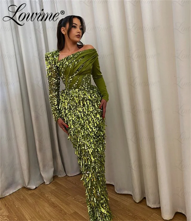 Green Sequined Long Sleeves Formal Evening Dress 2024 Mermaid Aso Ebi Mermaid Prom Dresses Party Second Reception Birthday Dress