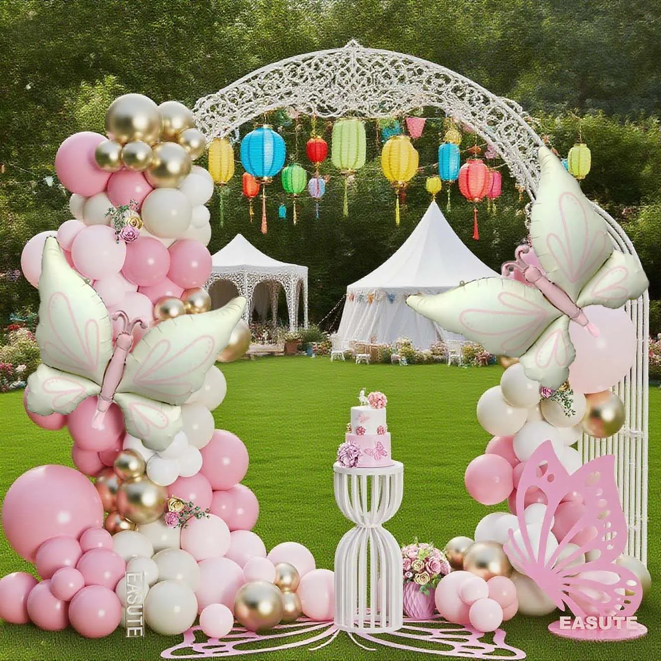 Schmetterlings-Ballon-Set, milchweiße, schmetterlingsförmige Aluminiumfolienballons und platinschwarze Latexballons für Partys und Geburtstage – Detail 2