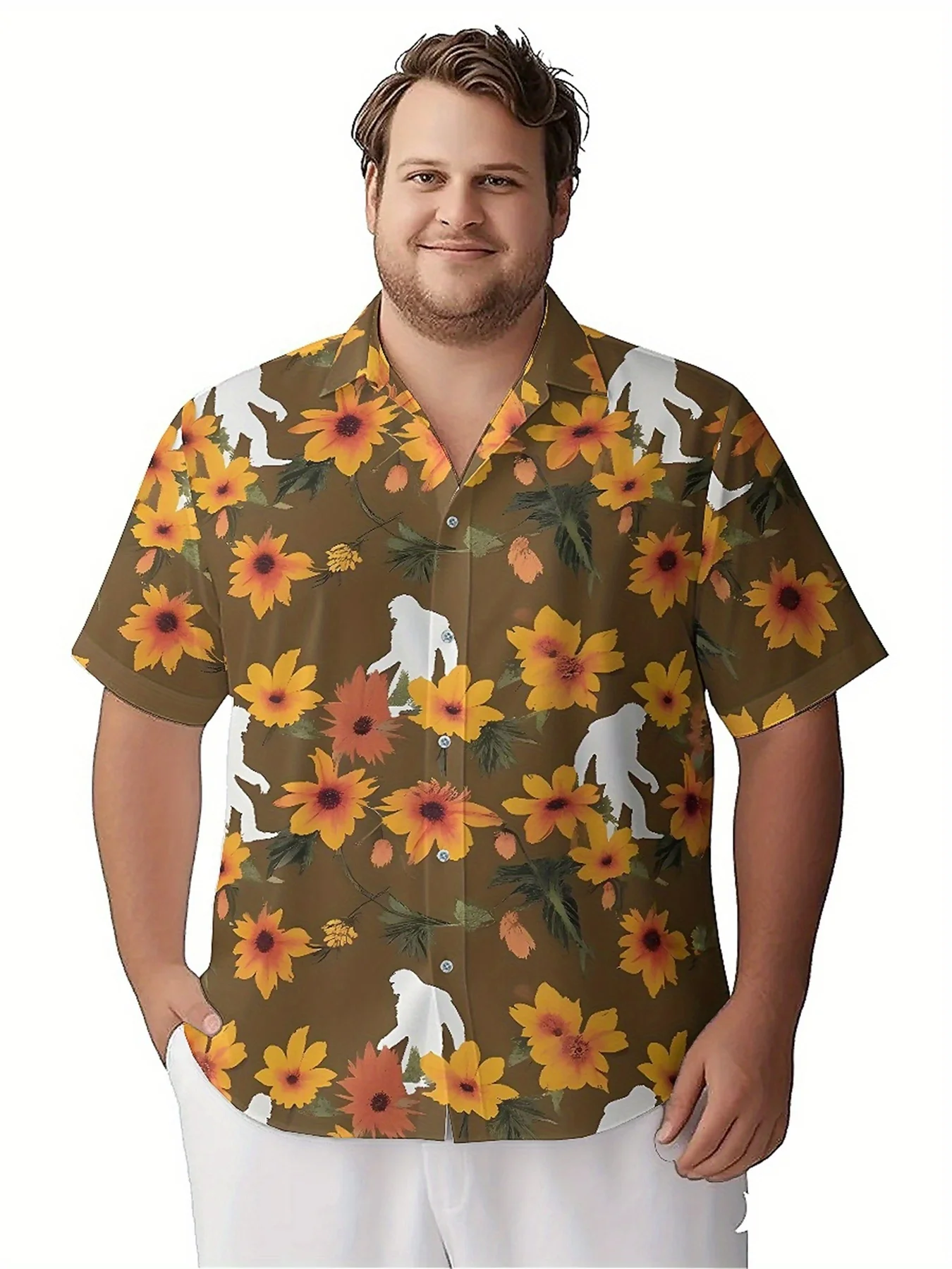 Men's Plus Size Hawaiian ShirtsSasquatch and Floralspattern, Button Up Shirts, Unisex Casual Clothing, Summer Tops