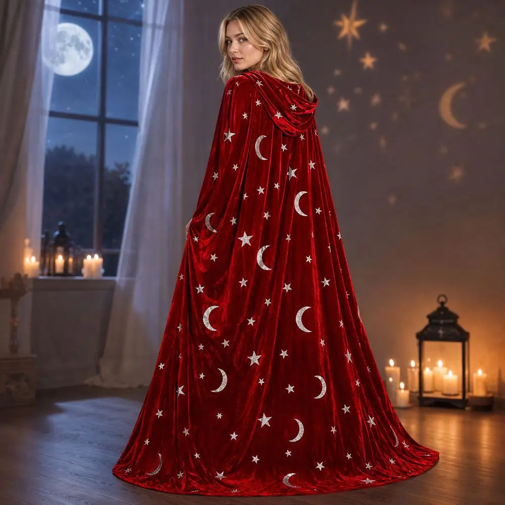with Oversized Hood Halloween Hooded Cloak Moon and Star Print Ribbon Tie Closure Overcoats Polyester Velvet Soft Texture