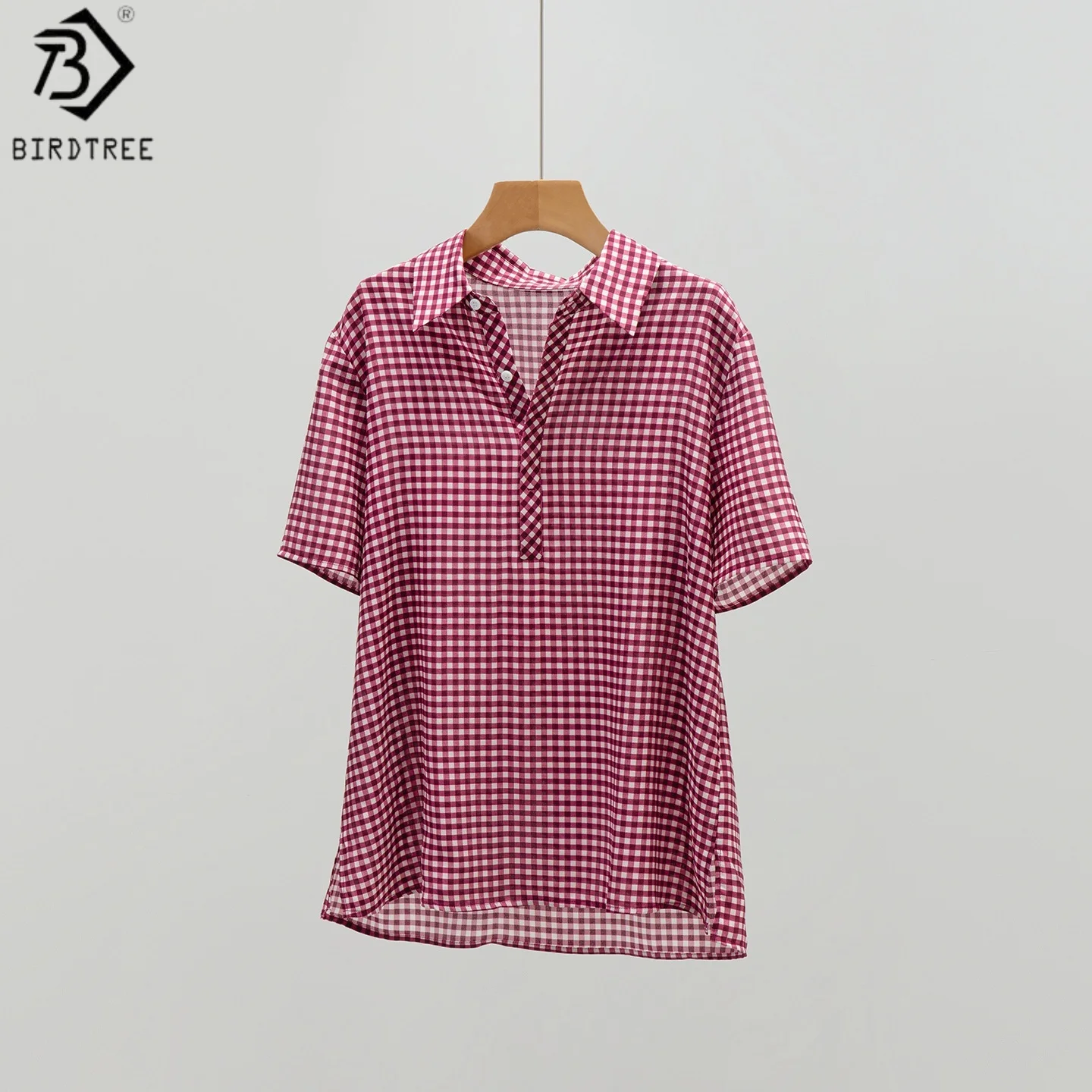 

Birdtree,100% Real Silk Plaid Blouse,Commuting Style Tops,Women's Double Crepe Lapel Short Sleeve Shirt,2026 Spring New T61531JF