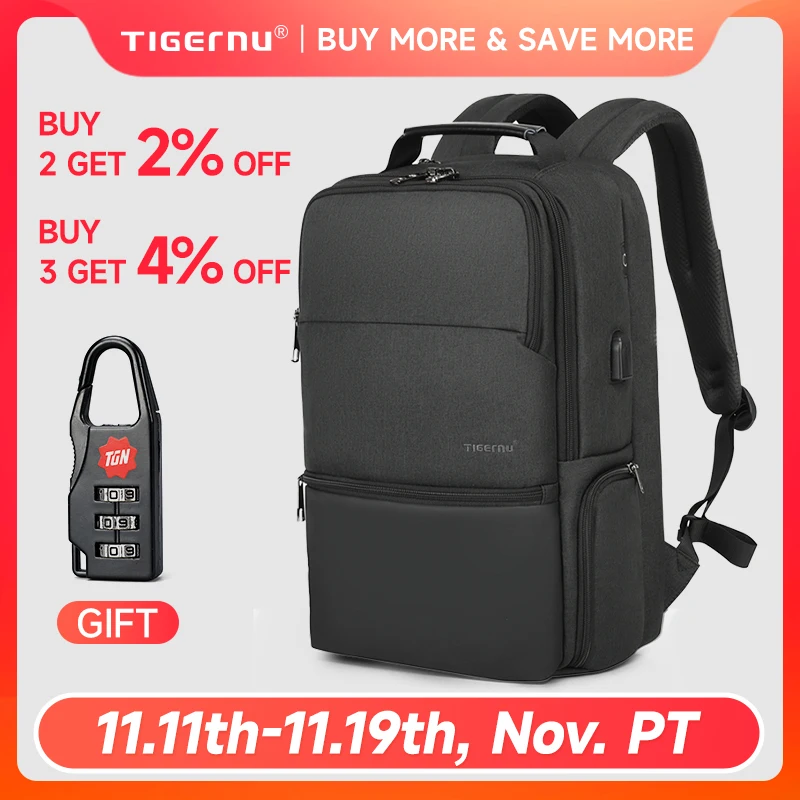 Mochila expandible Tigernu para hombre, mochila para ordenador portátil de 15,6-19 pulgadas para hombre, bolsa antirrobo RFID, bolsa de viaje, mochila escolar, bolsas de cabina