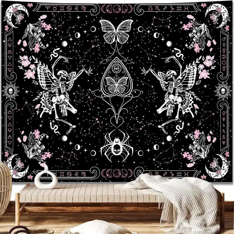 VIKAMA Pink Butterfly Skull Tapestry Mushroom Moon Phase Goth Y2K Wall Hanging Dark Fairycore Wall Art Bedroom Dorm Decor
