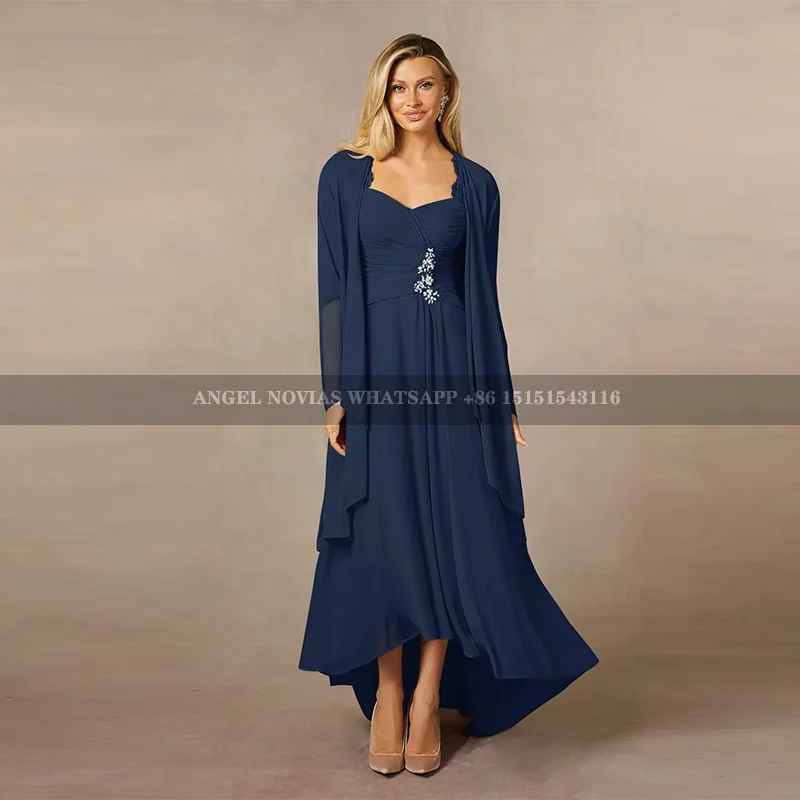 

High Low Navy Blue Mother of the Bride Dresses with Jacket Wedding Guest Dress vestidos de fiestas elegantes mujer