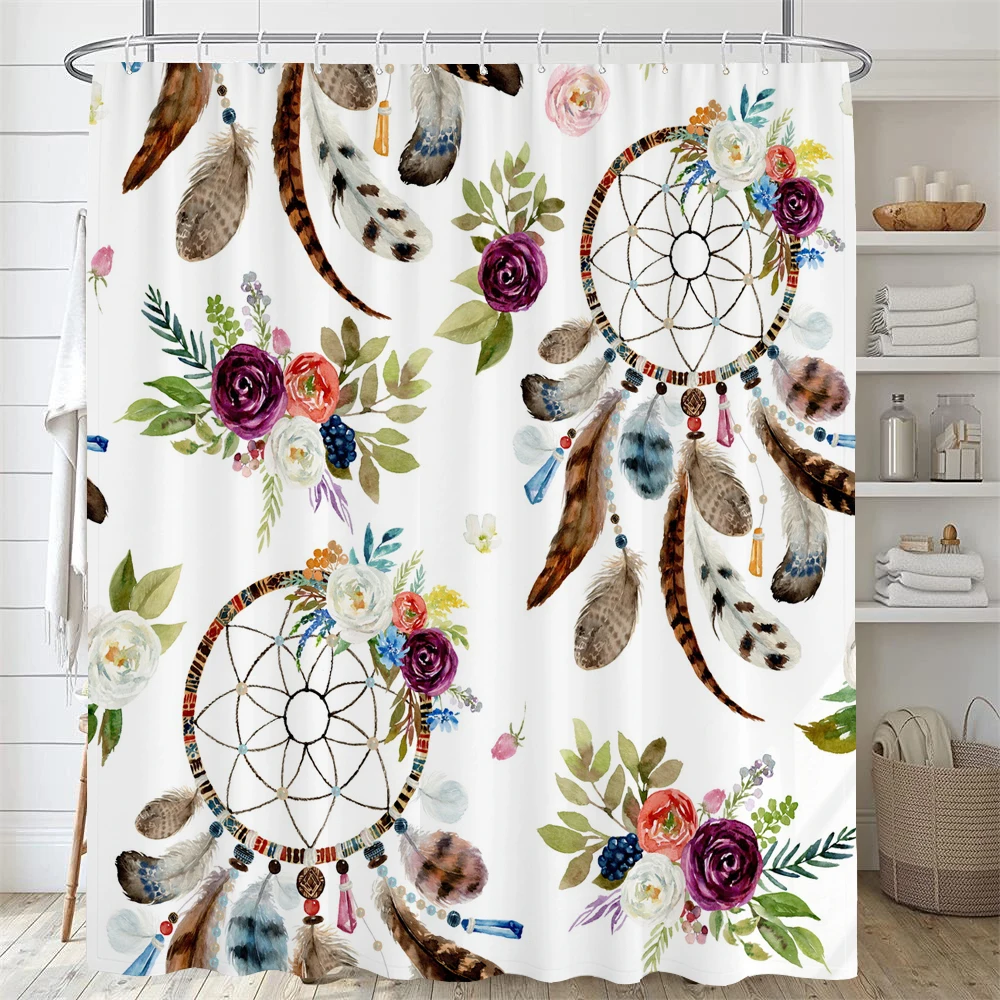 Bathroom Floral Shower Curtain, Retro Flower Farmhouse Flower Plant Butterfly Animal Bohemia, bathtub shower curtain with hooks