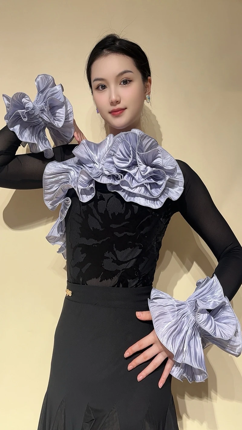 2025 New Modern Dance Tops For Women Long Sleeved Practice Clothes Samba Chacha Tango Adult Female Ballroom Dance Wear XH3297