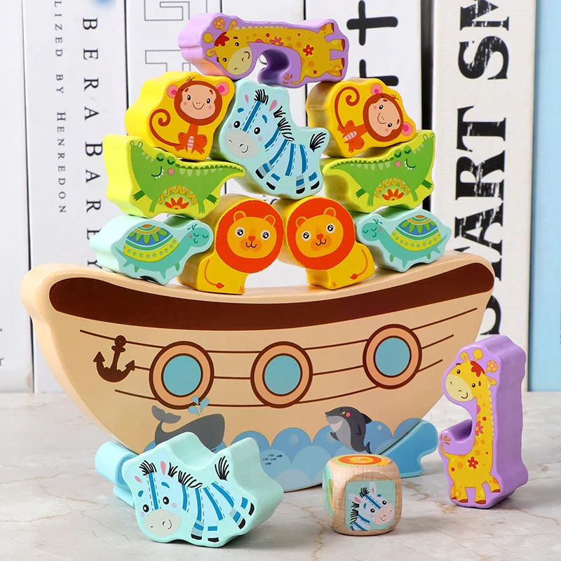 Montessori Animal Stack Balance Game Wooden Marine Life Throwing Dice Stacking Building Blocks Balance Training Educational Toys