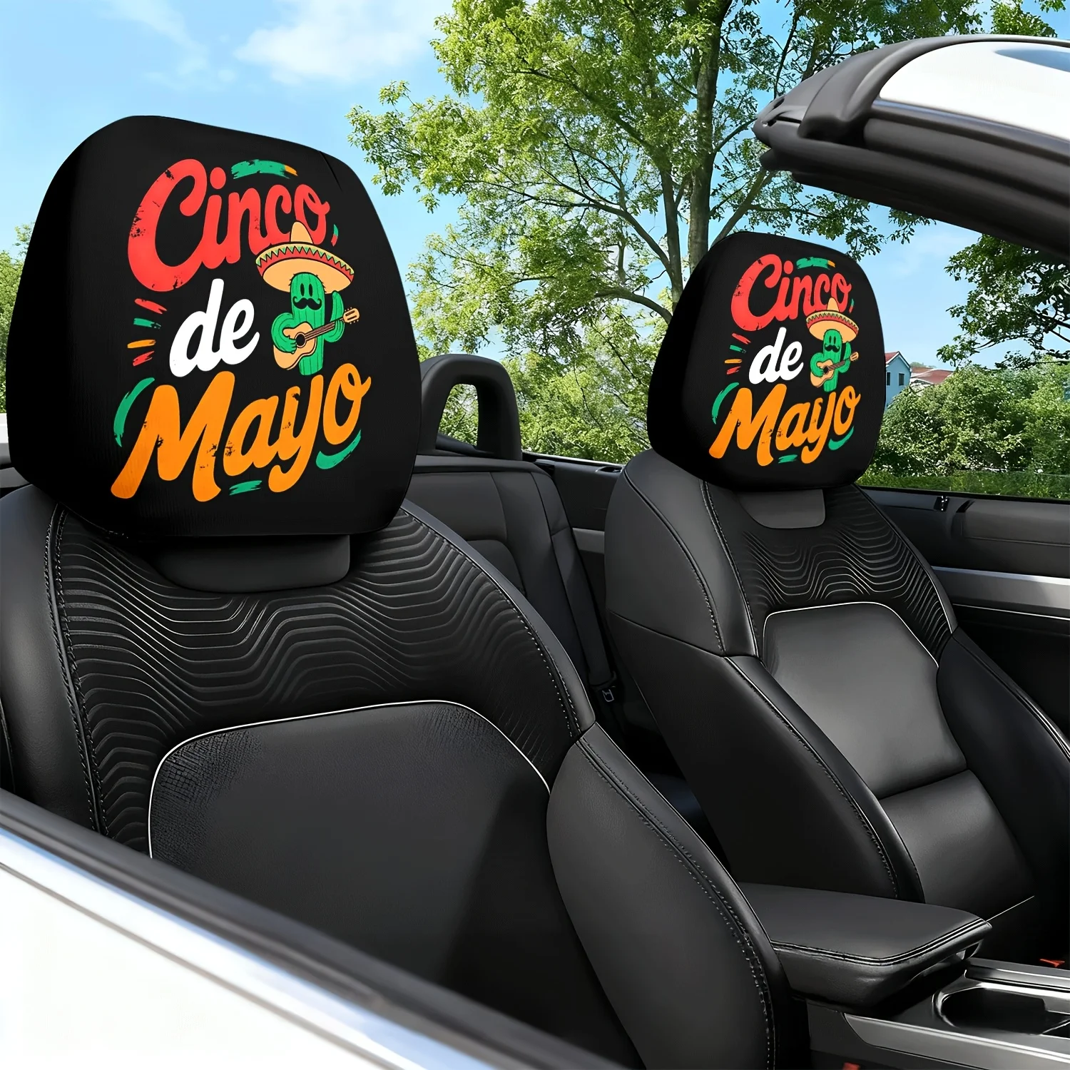 

2pcs Car Headrest Cover May 5Th Cactus Theme Print Car Seat Headrest Neck Pillow Cover - with Cute Design - Car Interior Cushi