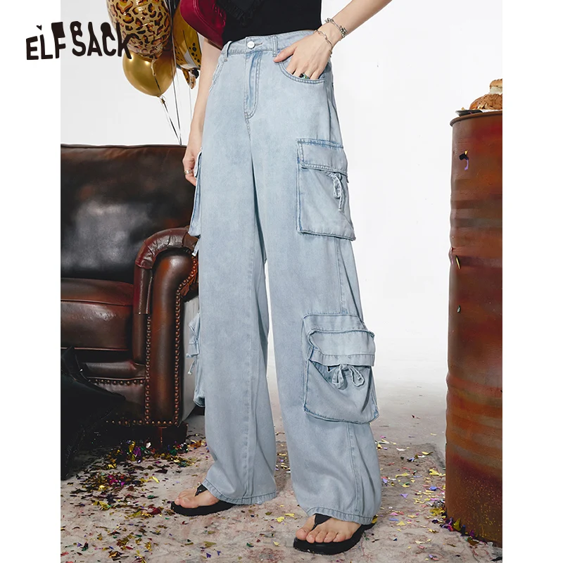 

ELFSACK 2024 Summer New Arrivals American high waisted workwear, wide leg jeans, women's loose straight leg thin pants