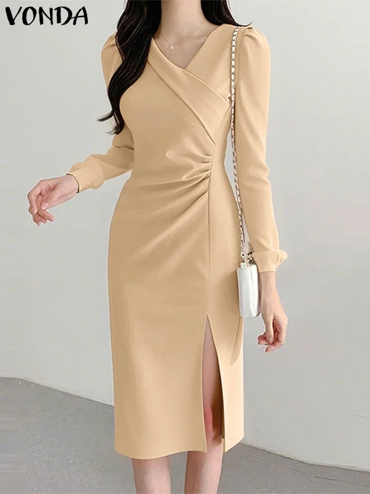 5XL Abiti da donna Manica lunga Lavoro Vestito estivo Elegante Autunno Robe Plus Size VONDA 2025 Casual Office Lady Split Abiti a pieghe