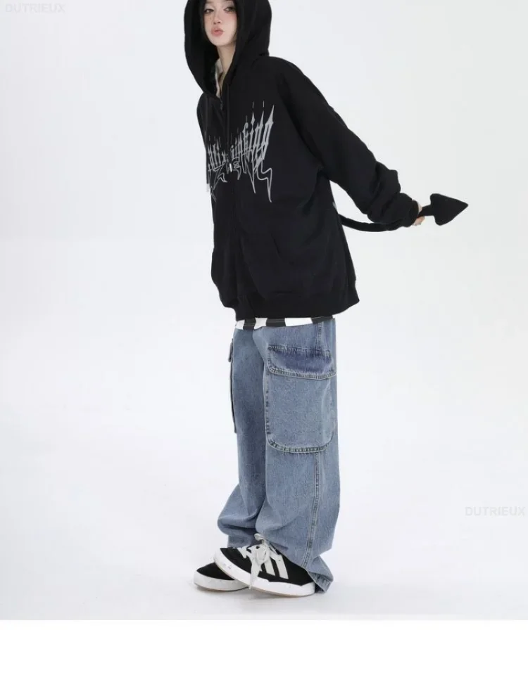 Japanese Zip Up Devil Horns Hoodies Women Harajuku Punk Gothic Sweatshirt Fairy Grunge Jacket Coat Streetwear Alt Emo Clothes - view 5