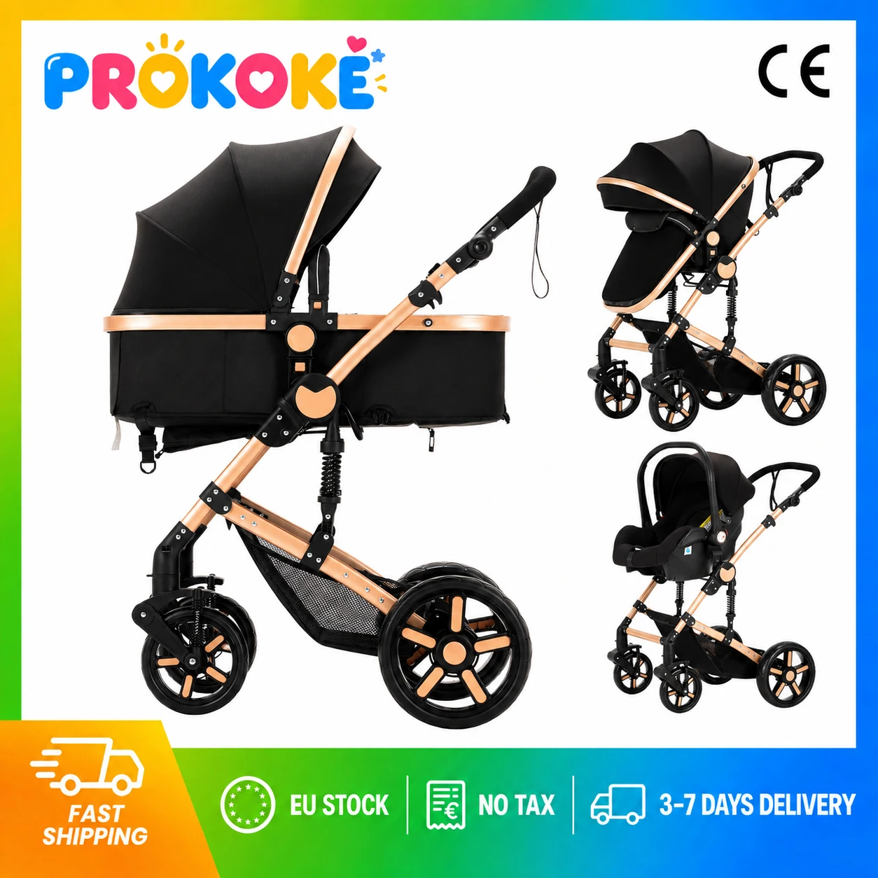 Babytrage, Kinderwagen, 3-in-1-Reisesystem, hochliegender Neugeborenen-Kinderwagen mit umklappbarer Babywanne, faltbarer Rahmen, Sitz, EVA-Räder, stoßdämpfende Federung, Fußbremse, 360°-Schwenkräder