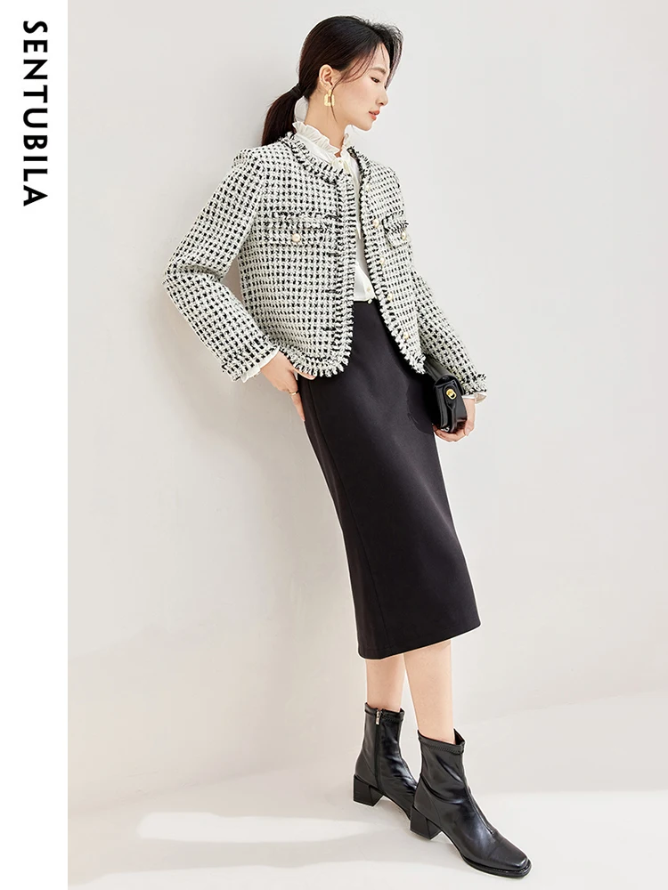 Sentubila Cropped Tweed Jasje Vrouw Lange Mouw O-hals Rechte Kwast Jas 2023 Elegante Kantoordame Herfst Bovenkleding 133w50706