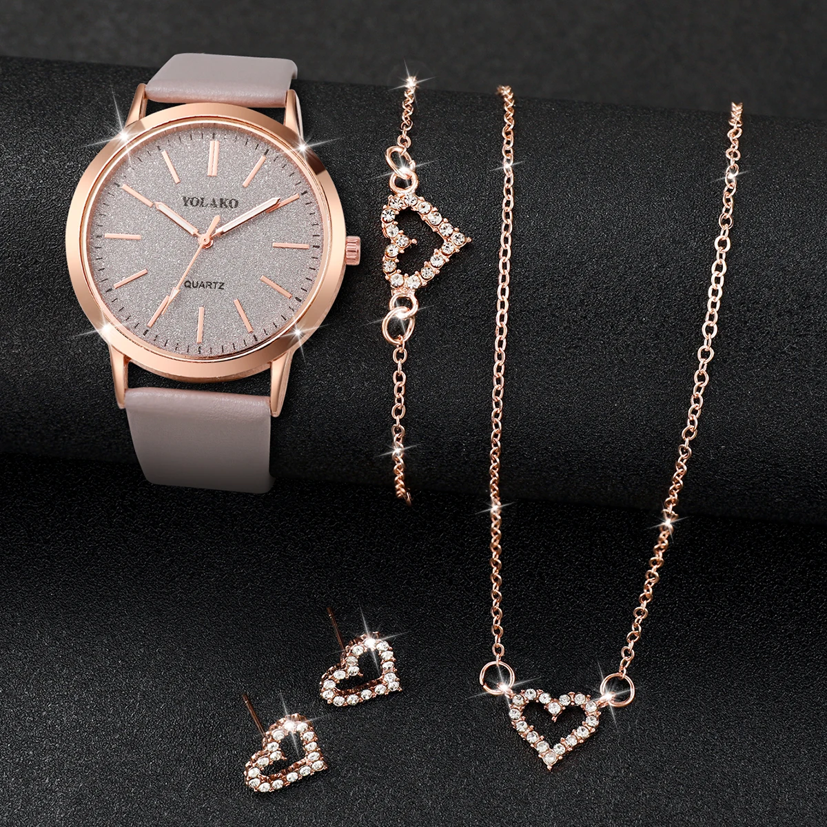 5pcs/set Fashion Women Leather Strap Quartz Watch and Love Heart Jewelry Set