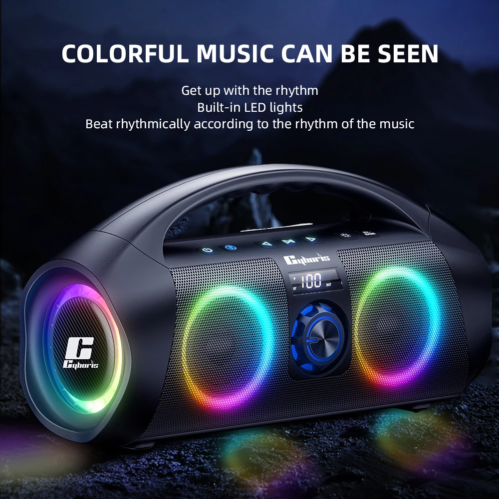 

CyborisF29 Outdoor Party speaker,120W high-power portable speaker Blue-tooth5.3,IPX7 waterproof,dual Horn,subwoofer,RGB lighting