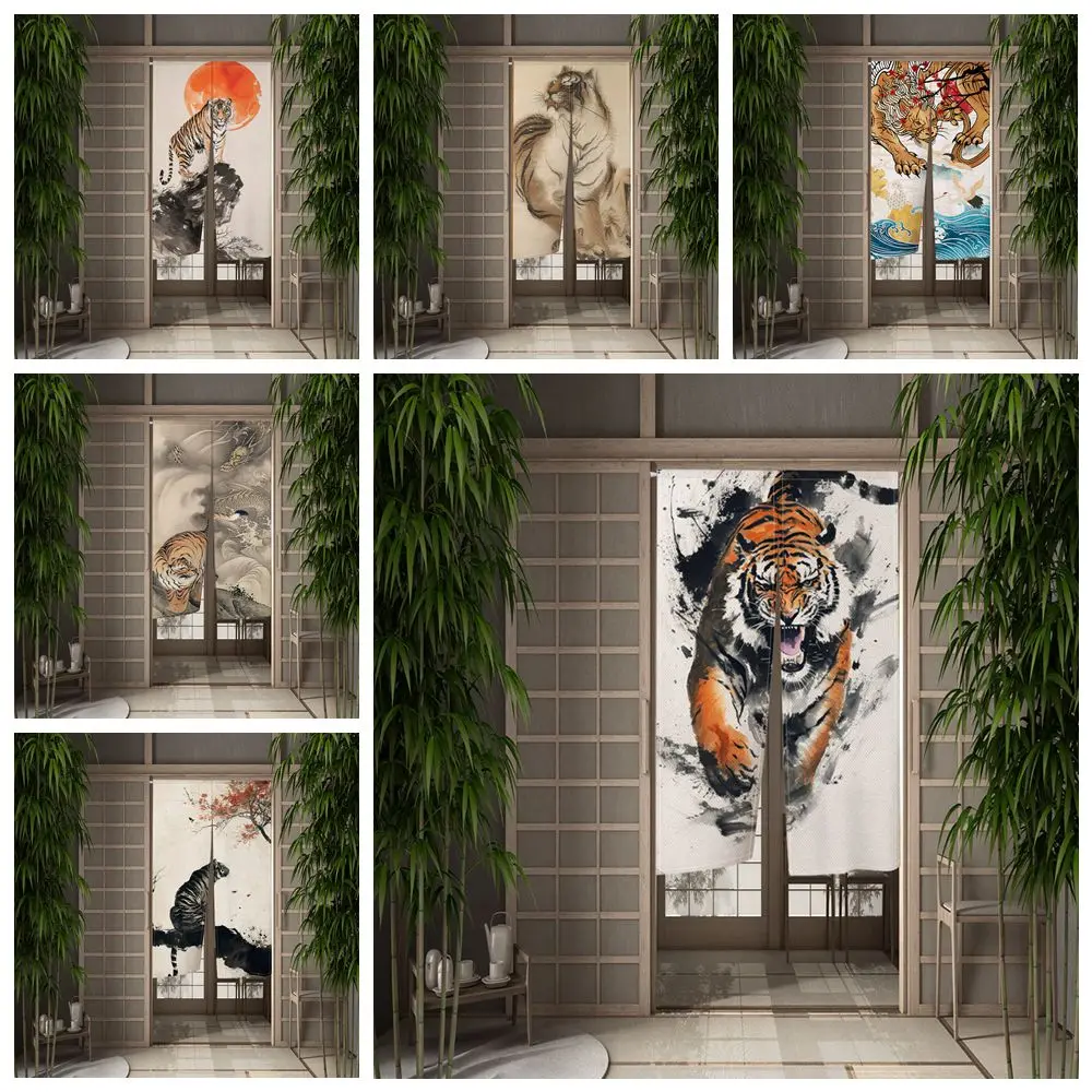 Forest Tiger Japanese Style Door Curtain Bedroom Kitchen Doorway Half-Split Hanging Privacy Partition Opaque Fabric Curtains