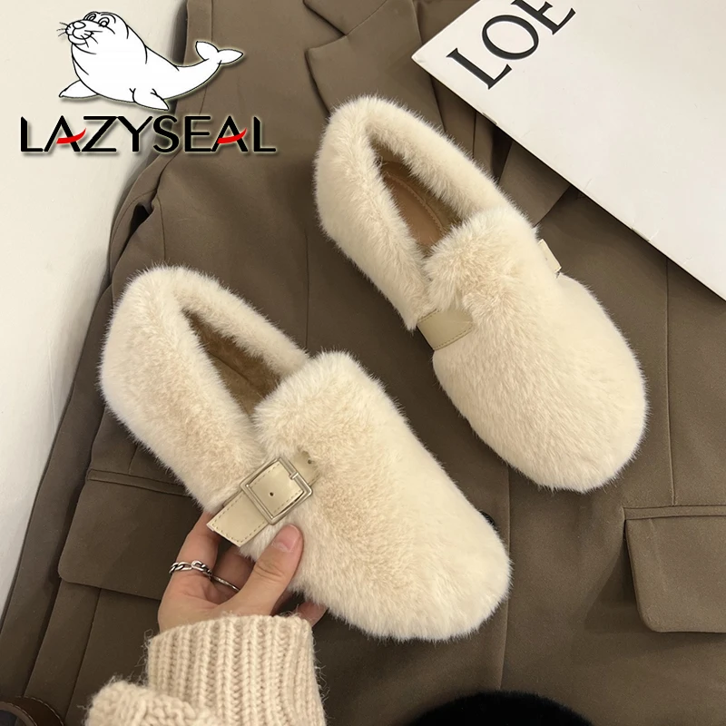 LazySeal miękkie futrzane buty damskie jednokolorowe klamry damskie buty koreańskie damskie miękkie podeszwa z okrągłym noskiem wsuwane obuwie Casual