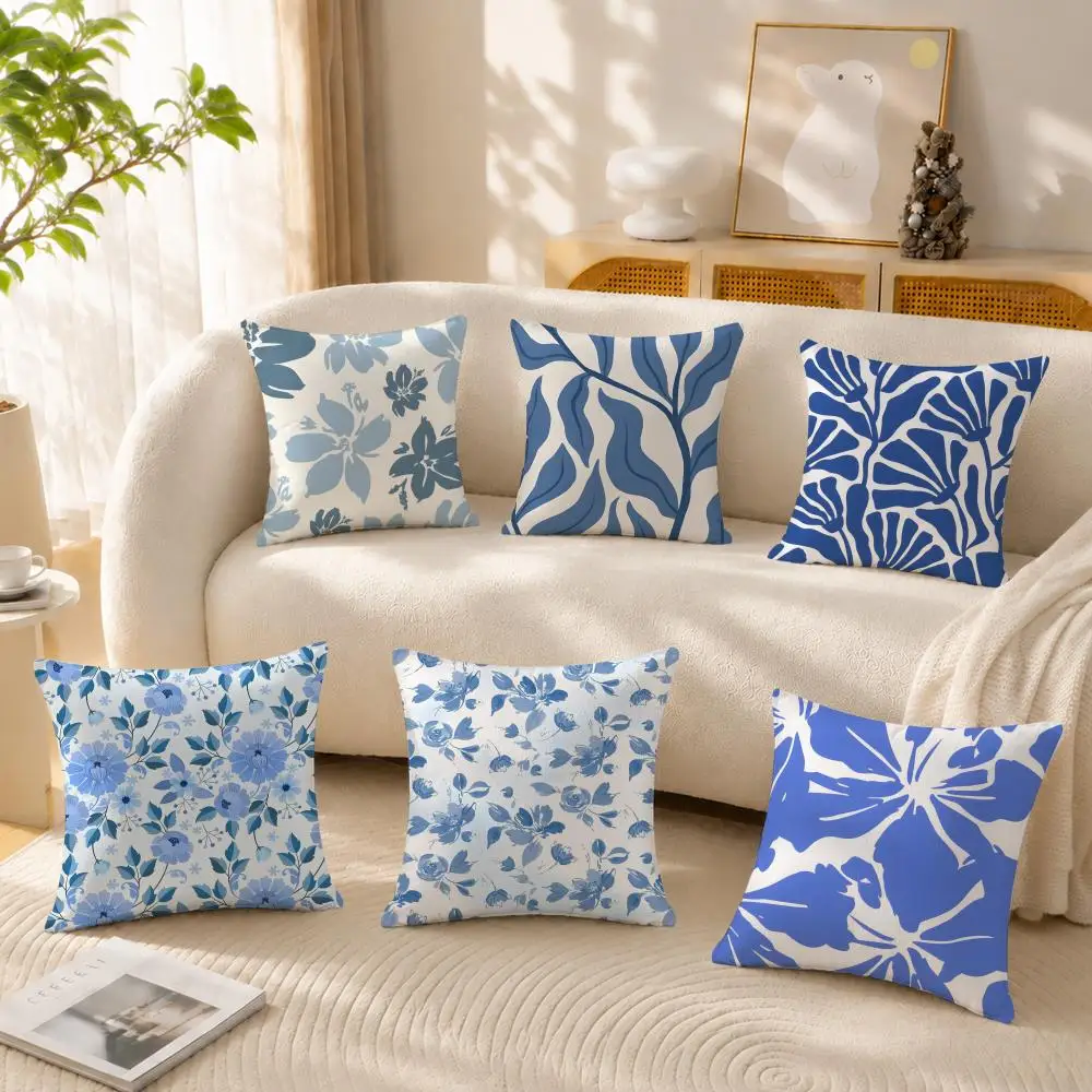 Elegant Blue Floral Cushion Cover Anti-dustmite Pillowcase Invisible zipper silky short plush Sofa cushion cover