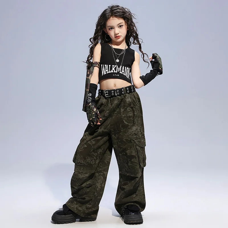 Kid Hip Hop Clothing Army Green Sleeveless Crop Jacket Tank Top Camo Casual Wide Cargo Pants for Girl Jazz Dance Costume Clothes view 4