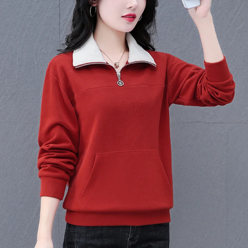 Spring and Autumn Women's Lapel Long Sleeves Contrast Color Loose Plus Size Pullers Zipper Pockets Fashion Casual All-match Tops