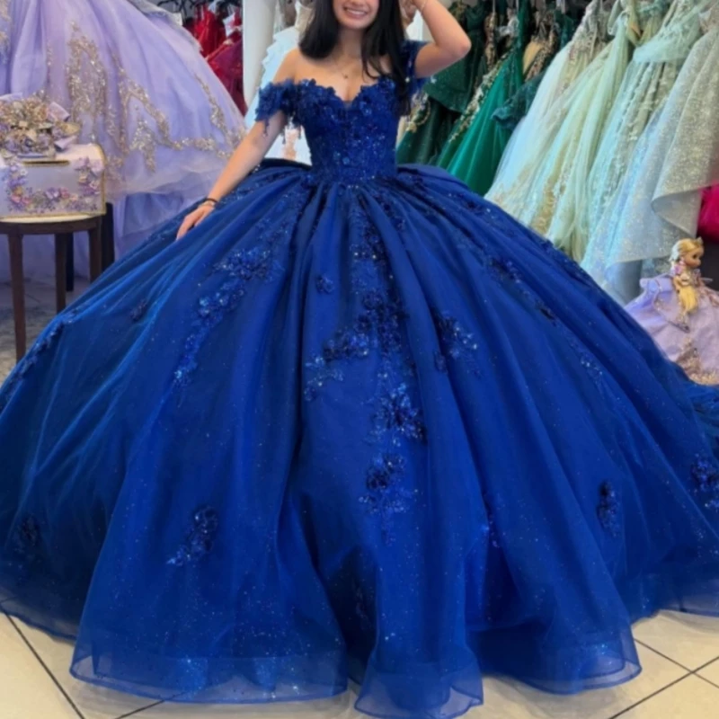 

Royal Blue Quinceanera Dresses Off Shoulder Ball Gown Sweet 16 Dress Applique Flower Beading Crystal Tull Birthday Party Vestido