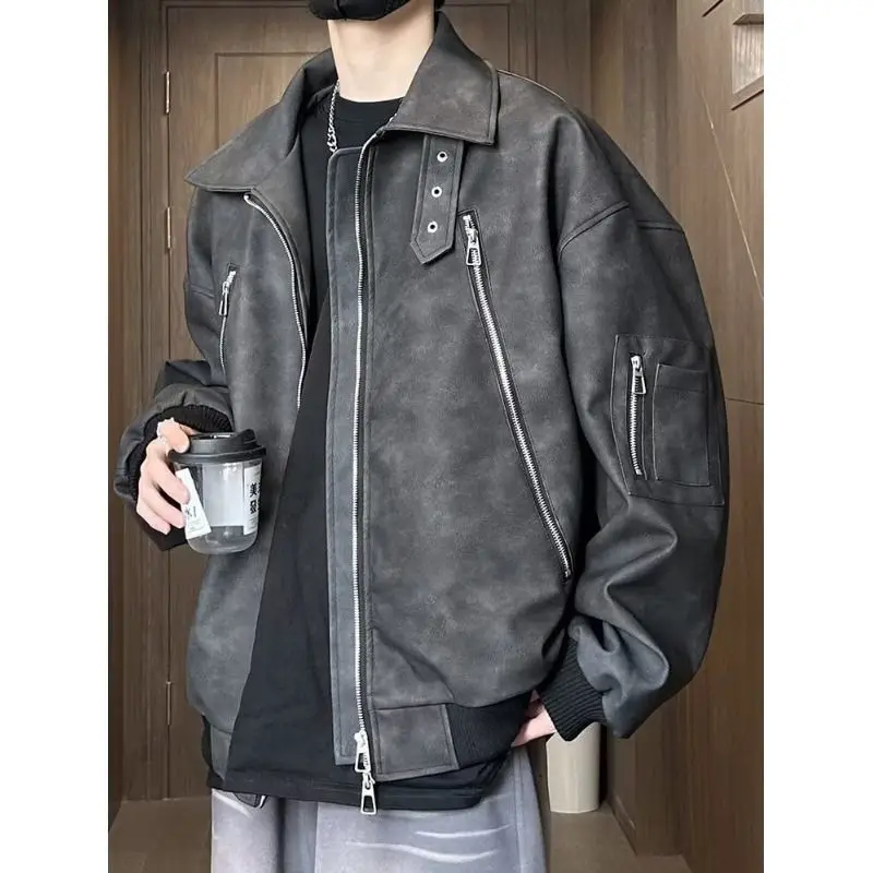 

Rade Brown PU Workwear Jaet American Zip Design Pilot Jaet Loose Fit Youthful ular Spring Autumn ex Outerwear