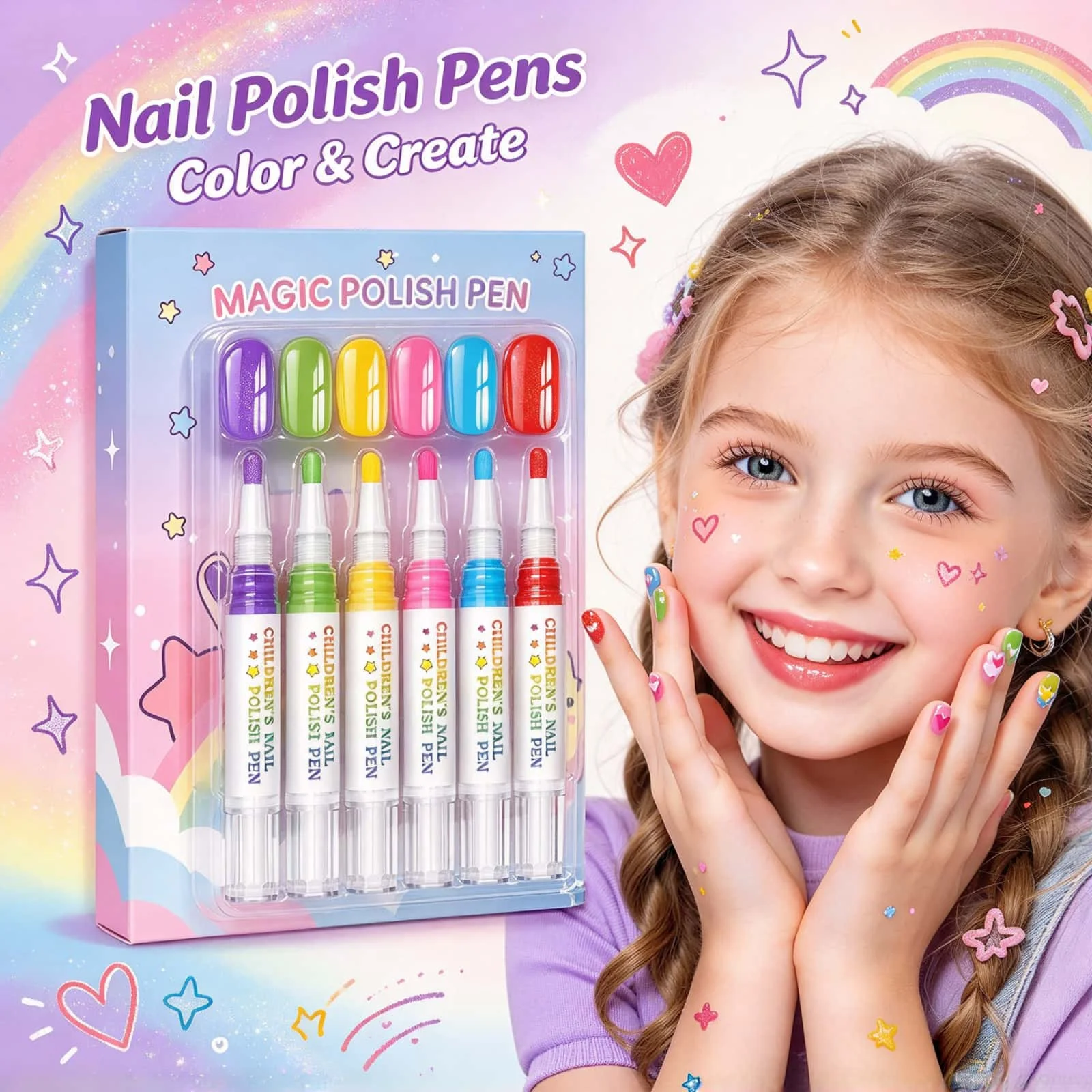Kids Nail Polish Pen Kit Washable Formula Quick Dry Brush Tip Easy Application Creative DIY Manicure Tool Girls Party Favors Set