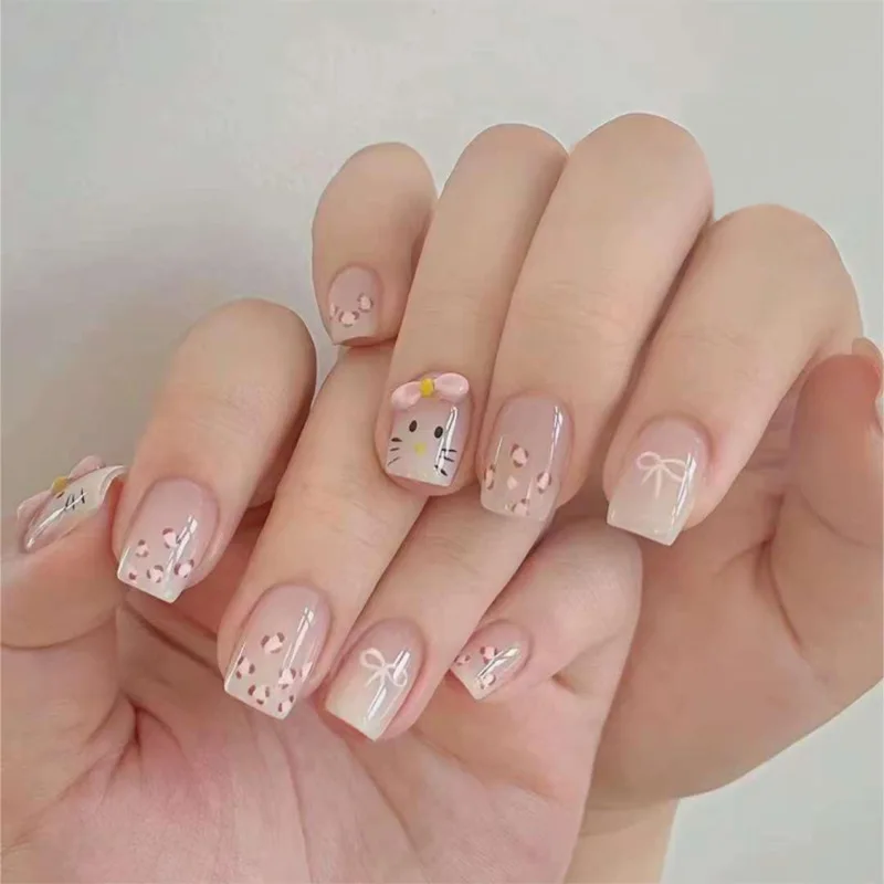 

24PCS Sweet Short Square Press on Nail Pink Gradient French with Cute Cat Leopard Print Fake Nails for Girls False Nail Finished