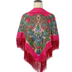 110*110cm Bohe Style Cotton Printed Square Scarf for Women Russian National Scarves Ethnic Fringed Shawl Lady Winter Blanket