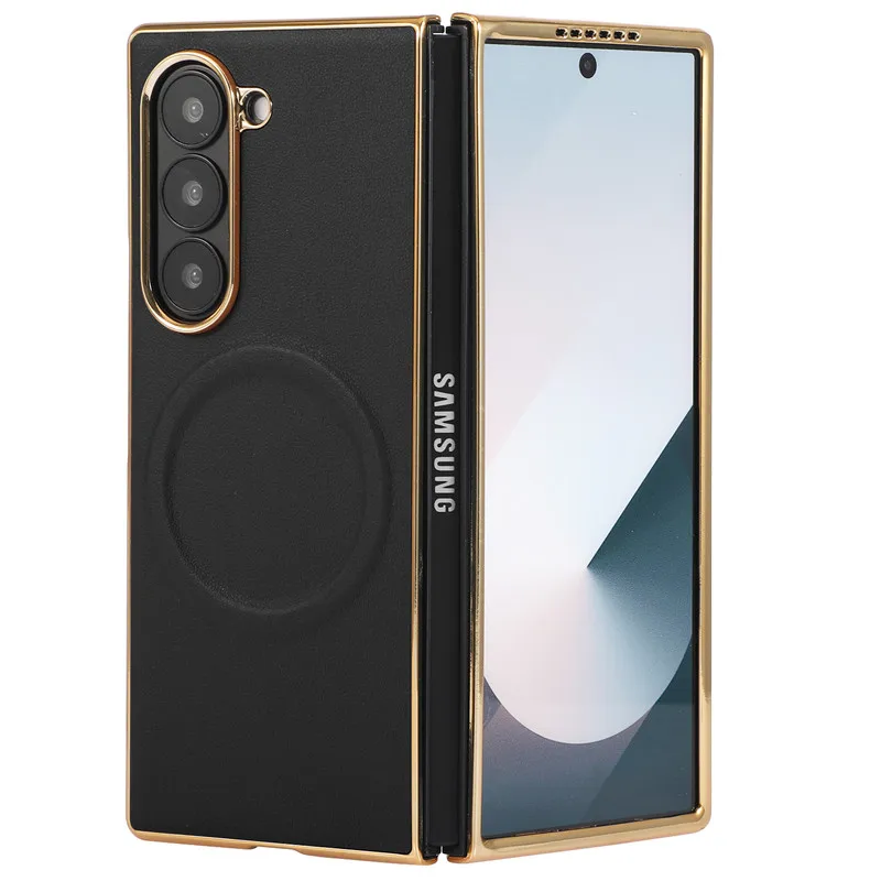 Car Magnetic Wireless Charging Case For Samsung Galaxy Z Fold 6 Fold 5 Fold 4 Premium Plain Leather Exclusive Gold Plating Cover