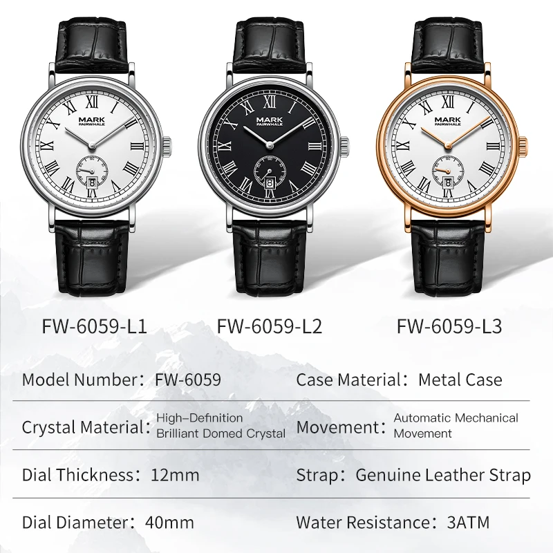 MARK FAIRWHALE Men's Mechanical Watch Automatic Movement Small Second Dial Genuine Leather Strap Business Male Wristwatch