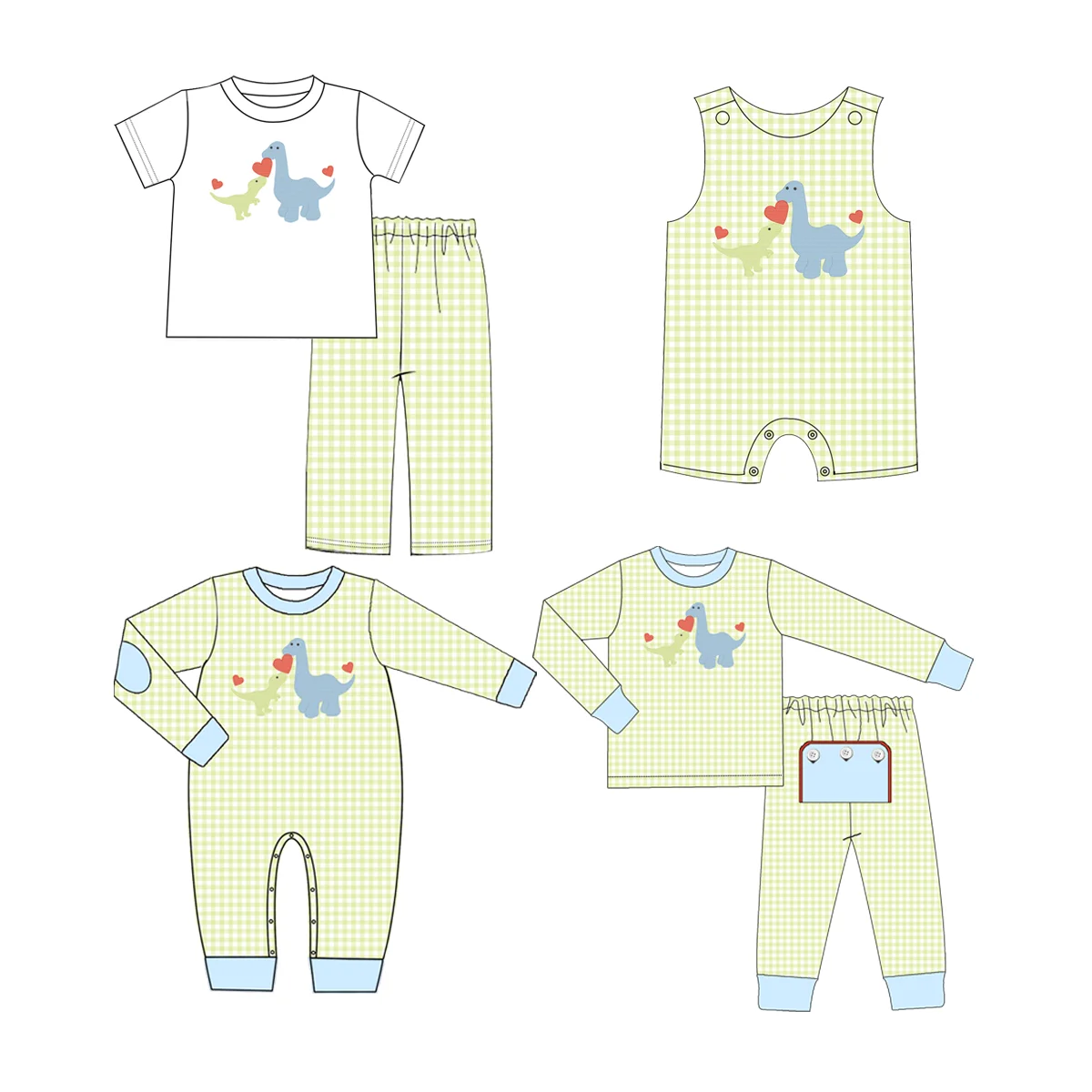 

Одежда для мальчиков на День святого Валентина, топ с короткими рукавами и принтом динозавра и сердца, зеленые брюки в клетку, эксклюзивный комбинезон и комплект