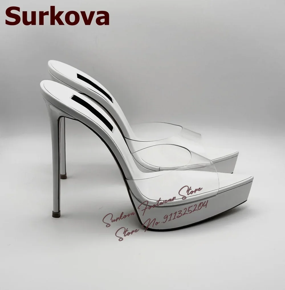 

Surkova Clear PVC Pointed Toe High Heel Mules Pink White Stiletto Heels Platform Modern Slippers Slip-On Dress Sandals Pumps