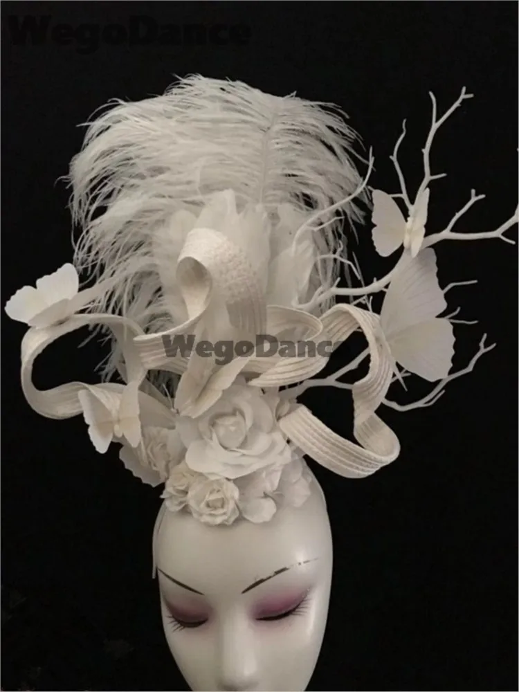 New Hand-made Luxury White Feather Butterfly Tassel Headdress Model Show Headwear