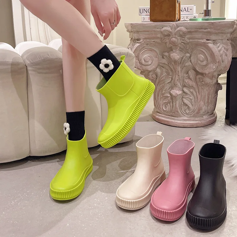 2024 Lady's Rain Boots Outdoor Anti-slip Waterproof Shoes Summer Women Thick Sole Lightweight PVC Slip-on Ankle Boots