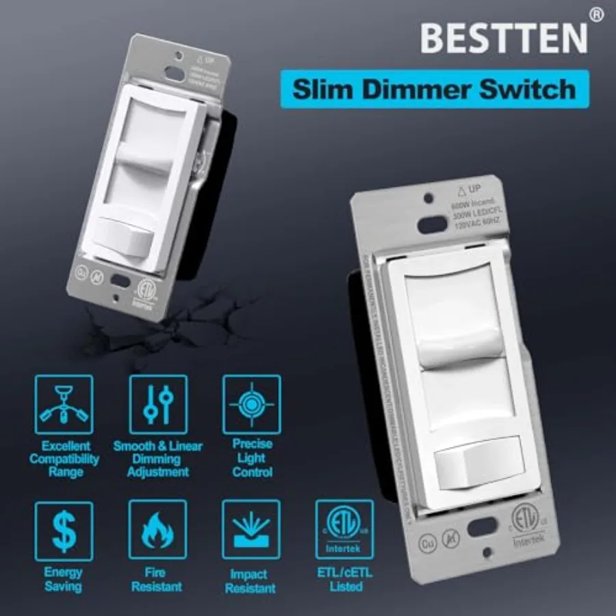 Pack Super Slim Dimmer Switch Single Pole or 3-Way Dimmable Light Switch for LED CFL Halogen and Incandescent Bulbs ETL Listed