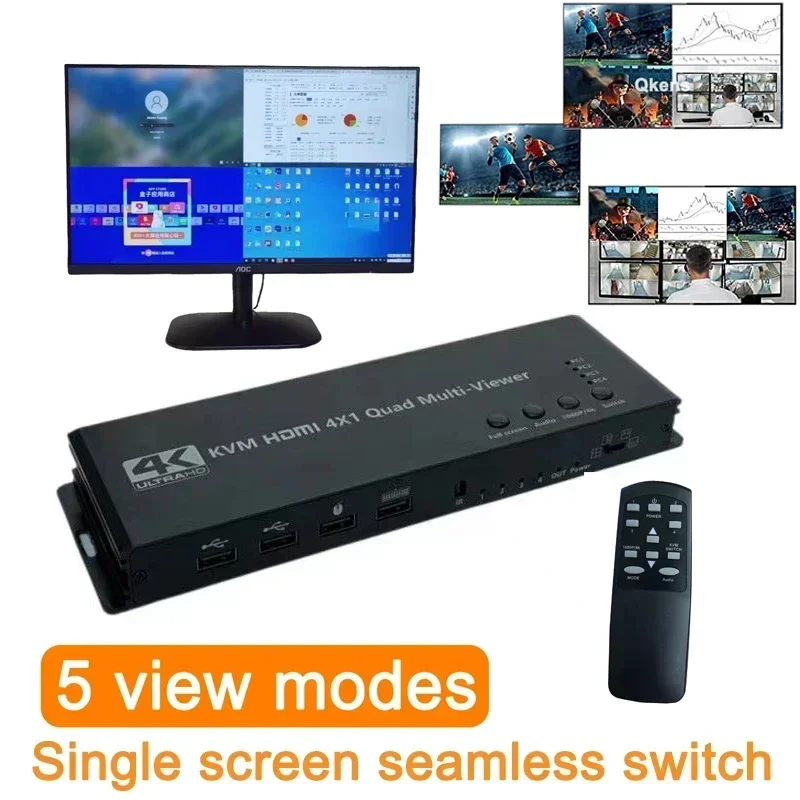 4 in 1 Out KVM HDMI Multiviewer Seamless Switch 1080P 4k Quad Screen HDMI Multi-Viewer Support 4 Laptop PC Share Keyboard Mouse