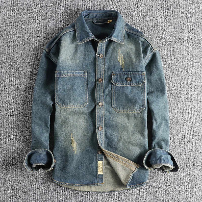 Heavy washing to do old vintage denim shirt men loose casual trend youth shirt