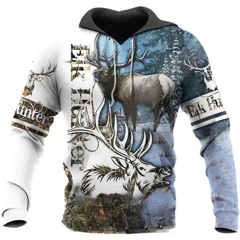 Fashion Deer Hunting Animal Men\'s Hoodie 3D Print Autumn Sweatshirt Orange Camouflage Street Casual Long Coat Hooded Mantle