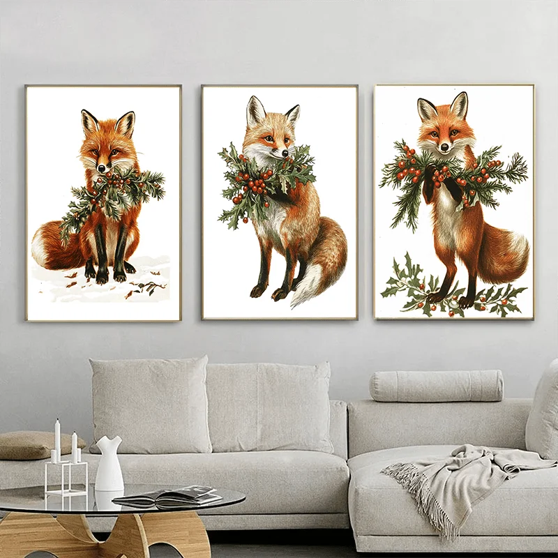 (No frame)2D Flat, 2D Flat, Set of 3 Flat 2D Unframed Canvas Wall Art Featuring a Fox with a Christmas Wreath, Suitable for D