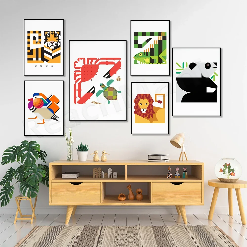 Charming modern bear and salmon, bald eagle, panda, mandarin duck, crab and turtle, abstract animal poster for medieval children