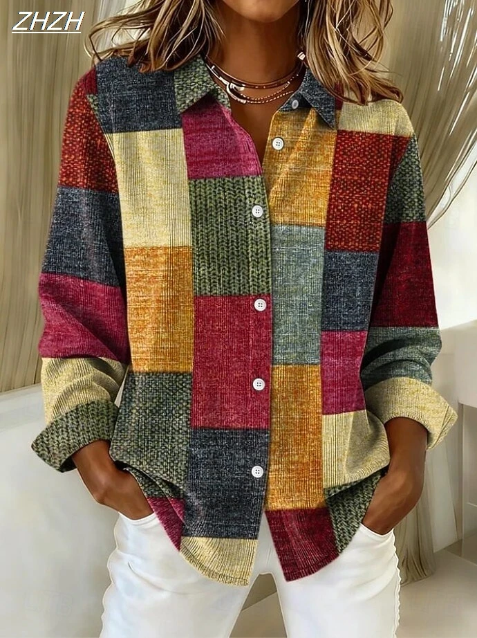 

Женская рубашка-блузка с графическим геометрическим рисунком в клетку, винтажная стильная рубашка с длинным рукавом и воротником, обычные топы, повседневные лоскутные пуговицы с принтом